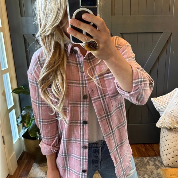 New Plaid Pink Stripe Oversized Flannel Top Shacket Button Front Shirt Top - Picture 2 of 8